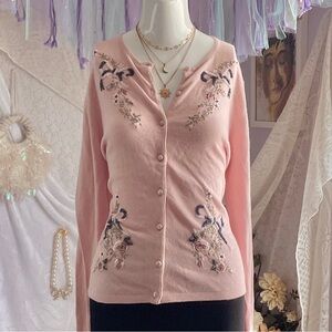 Kate Hill Vintage Beaded Embroidered Pink Satin Button Cardigan Coquette Sweater